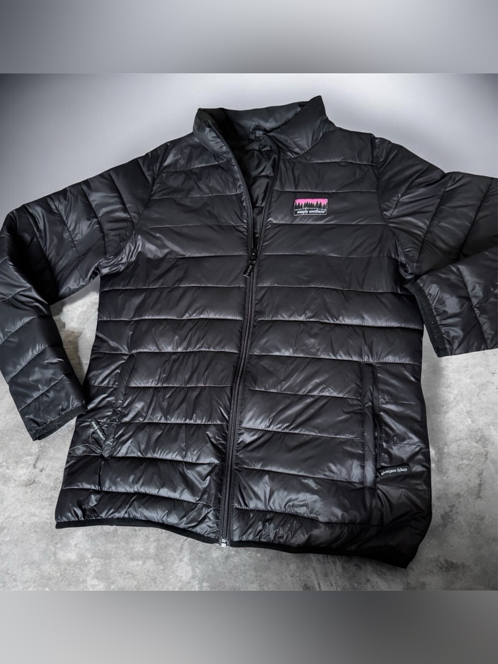 Simply Southern Black Quilted Insulated Puffer Jacket with Pink Logo, Large